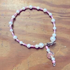 Handmade Glass & Pearl Charm Bracelet Breast Cancer Awareness